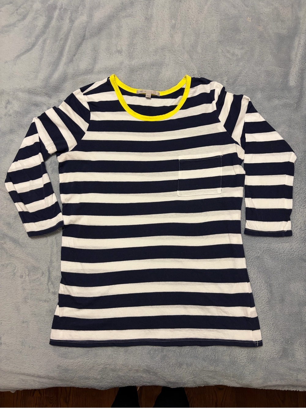 Gap Women’s Navy & White Striped 3/4 Sleeve Top with Yellow Trim